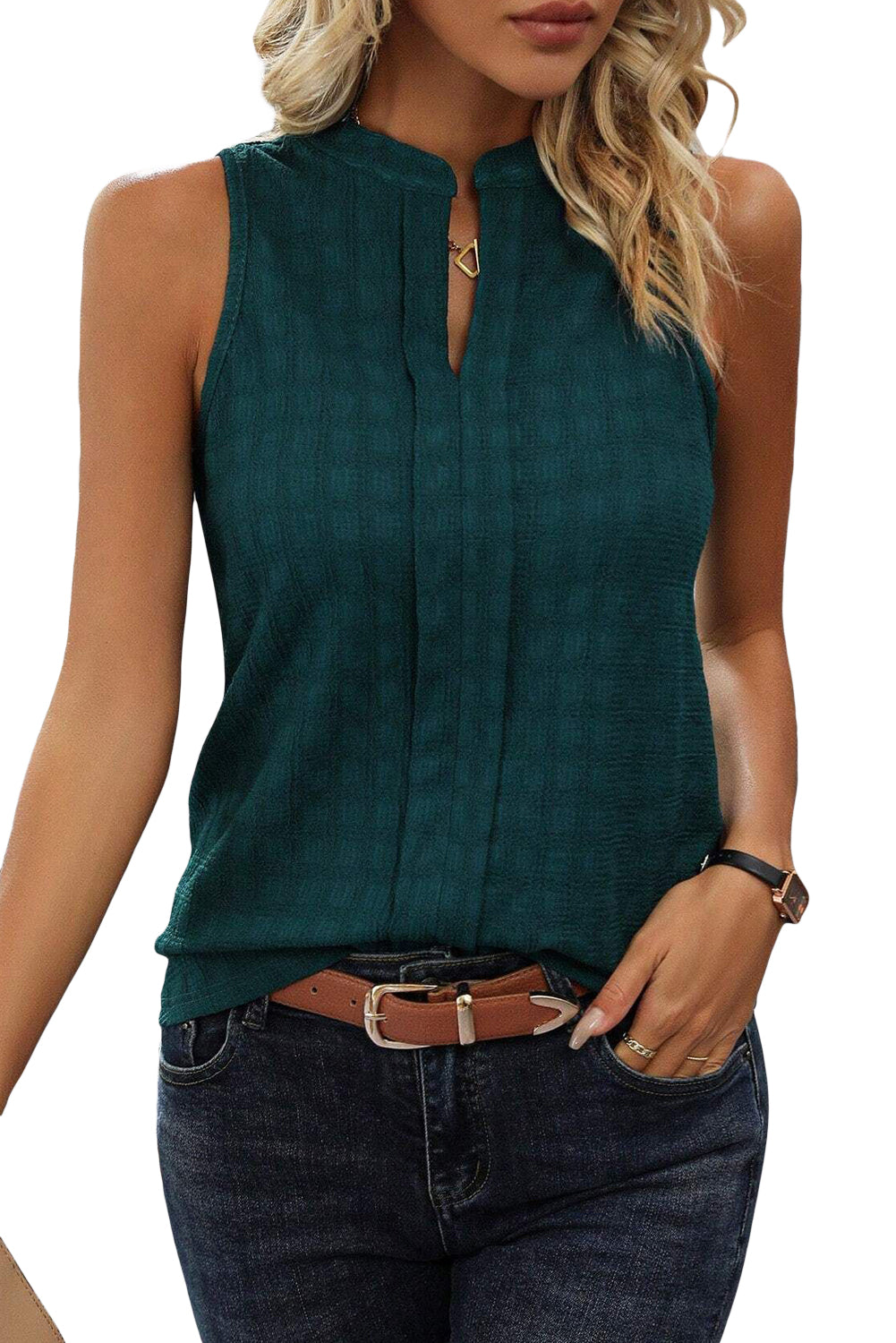 Chic sea green textured tank top with split neckline