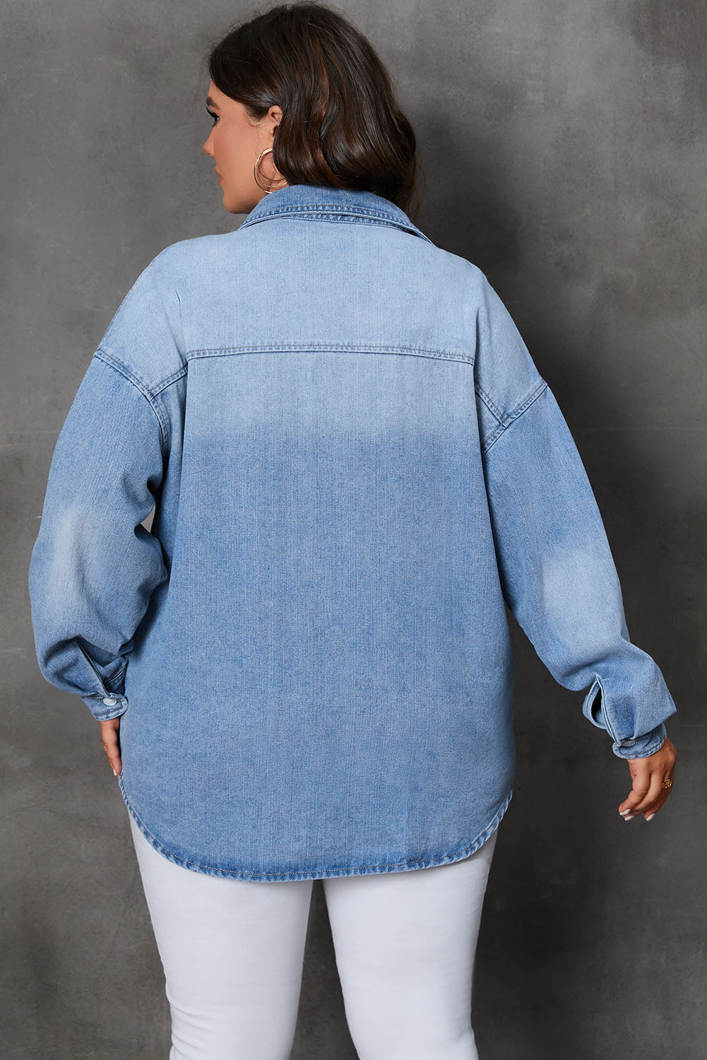 Sky Blue Plus Size Denim Shacket with Chest Pocket