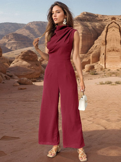 Ruched Mock Neck Sleeveless Jumpsuit.