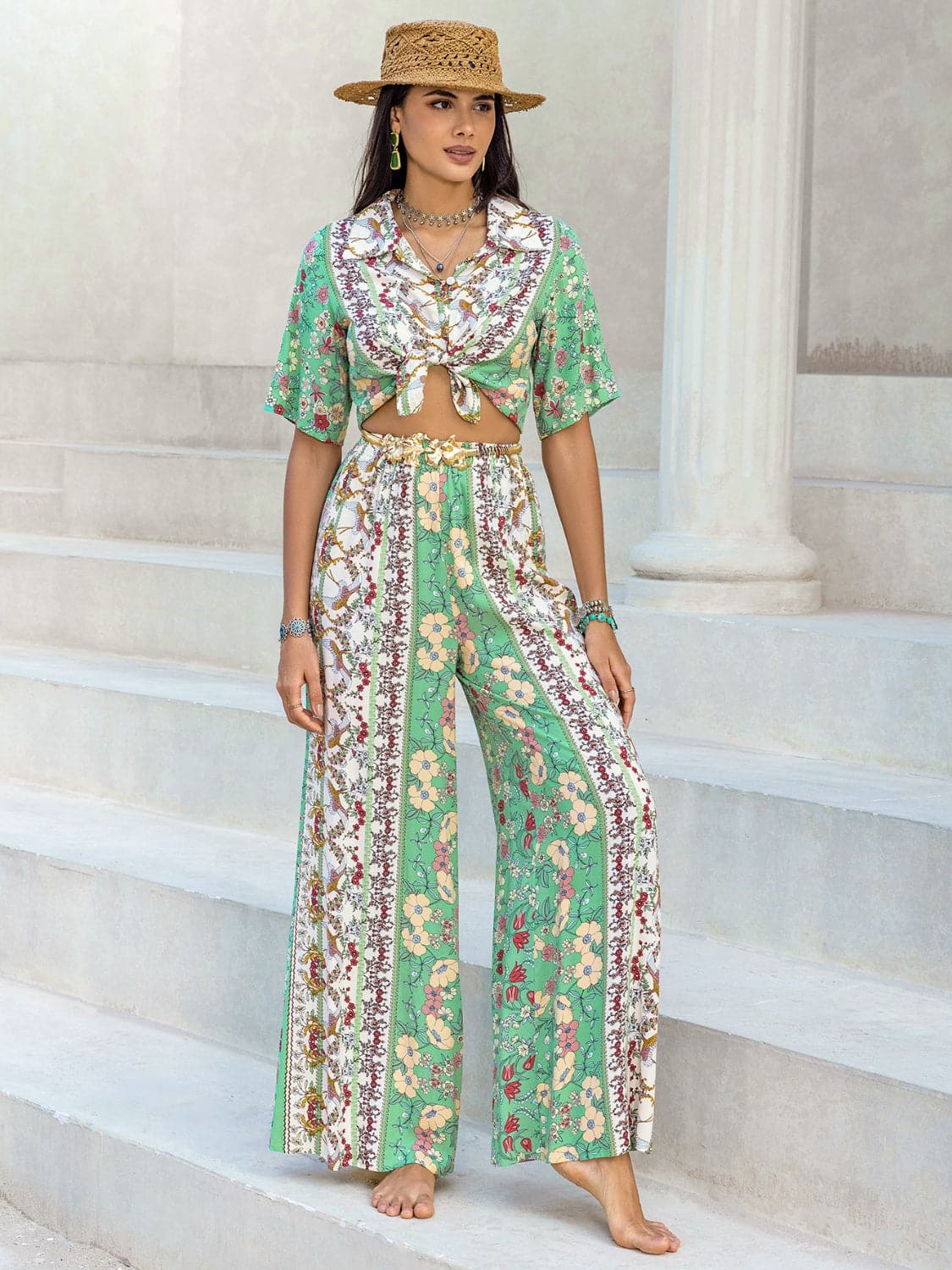 Printed Half Sleeve Top and Wide Leg Pants Set.