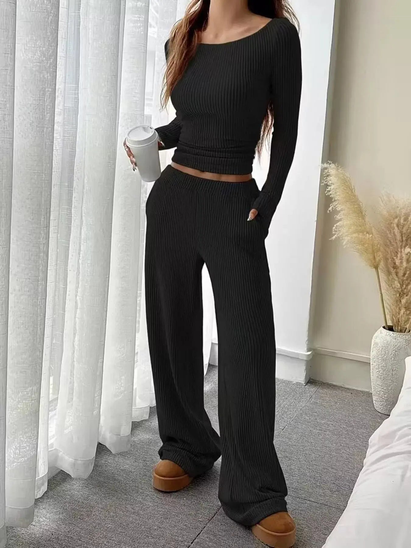 Ribbed Knit Boat Neck Top and Pants Set Simply Love