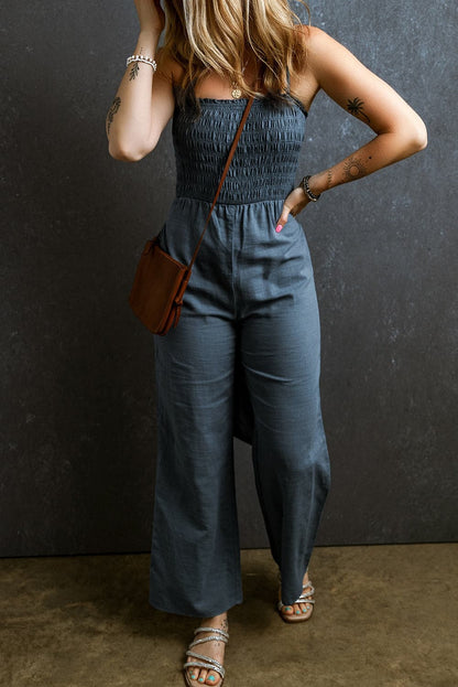 Tied Smocked Wide Leg Jumpsuit.