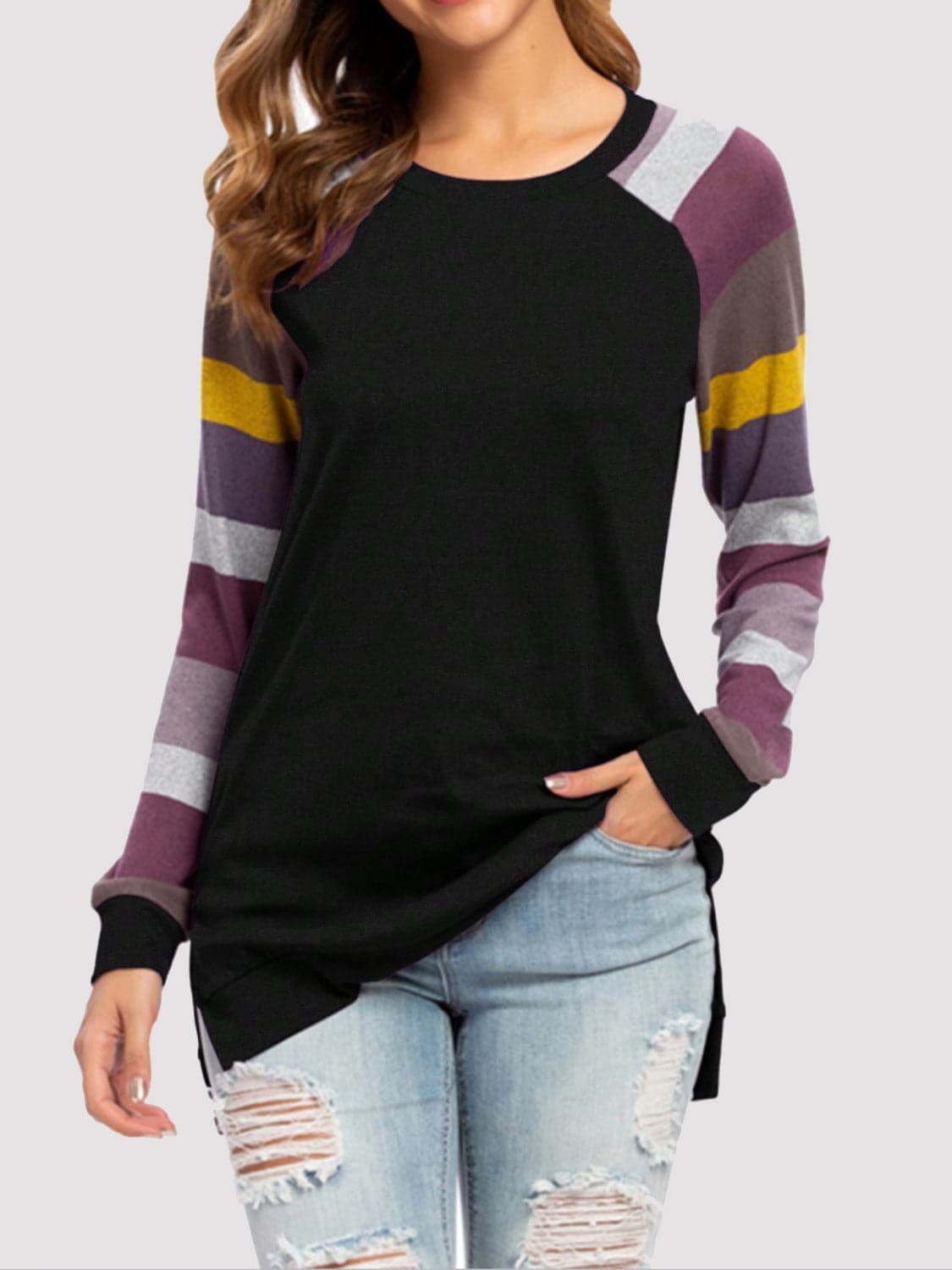 Color Block Round Neck Long Sleeve T-Shirt.