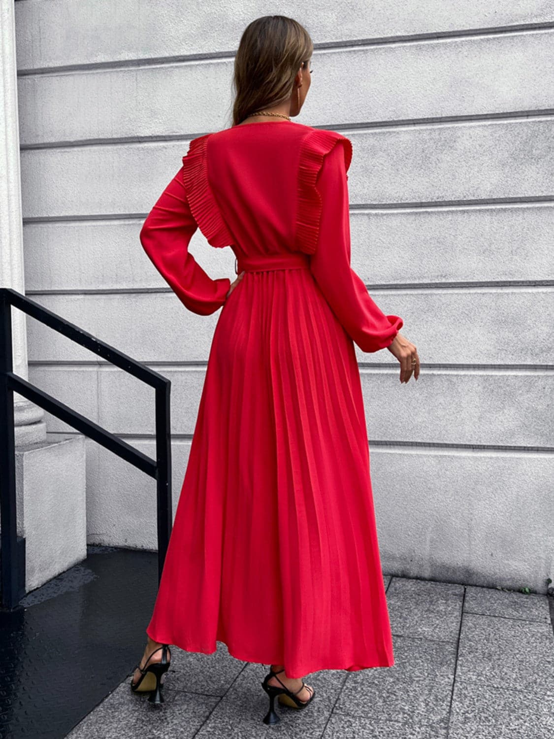 Pleated Surplice Tie Waist Maxi Dress.