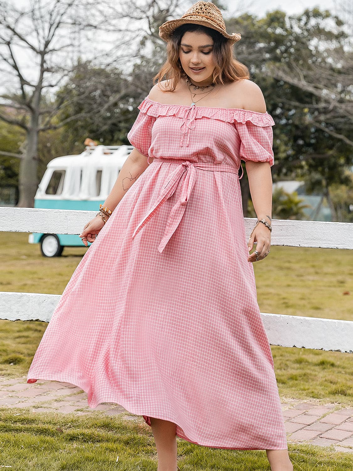 Plus Size Plaid Off-Shoulder Short Sleeve Midi Dress.