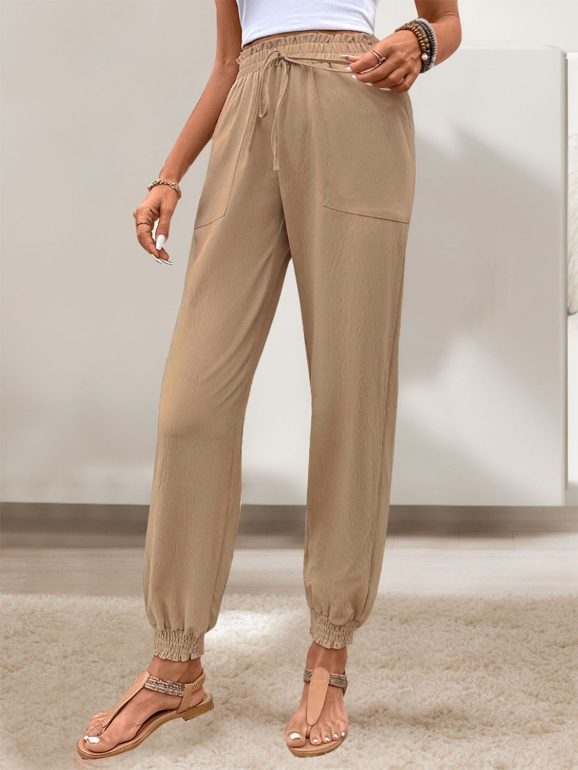 Tied Elastic Waist Pants with Pockets Coco’s Tee Boutique