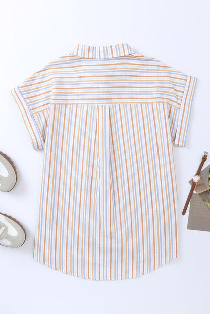 Pocketed Striped Collared Neck Short Sleeve Shirt.