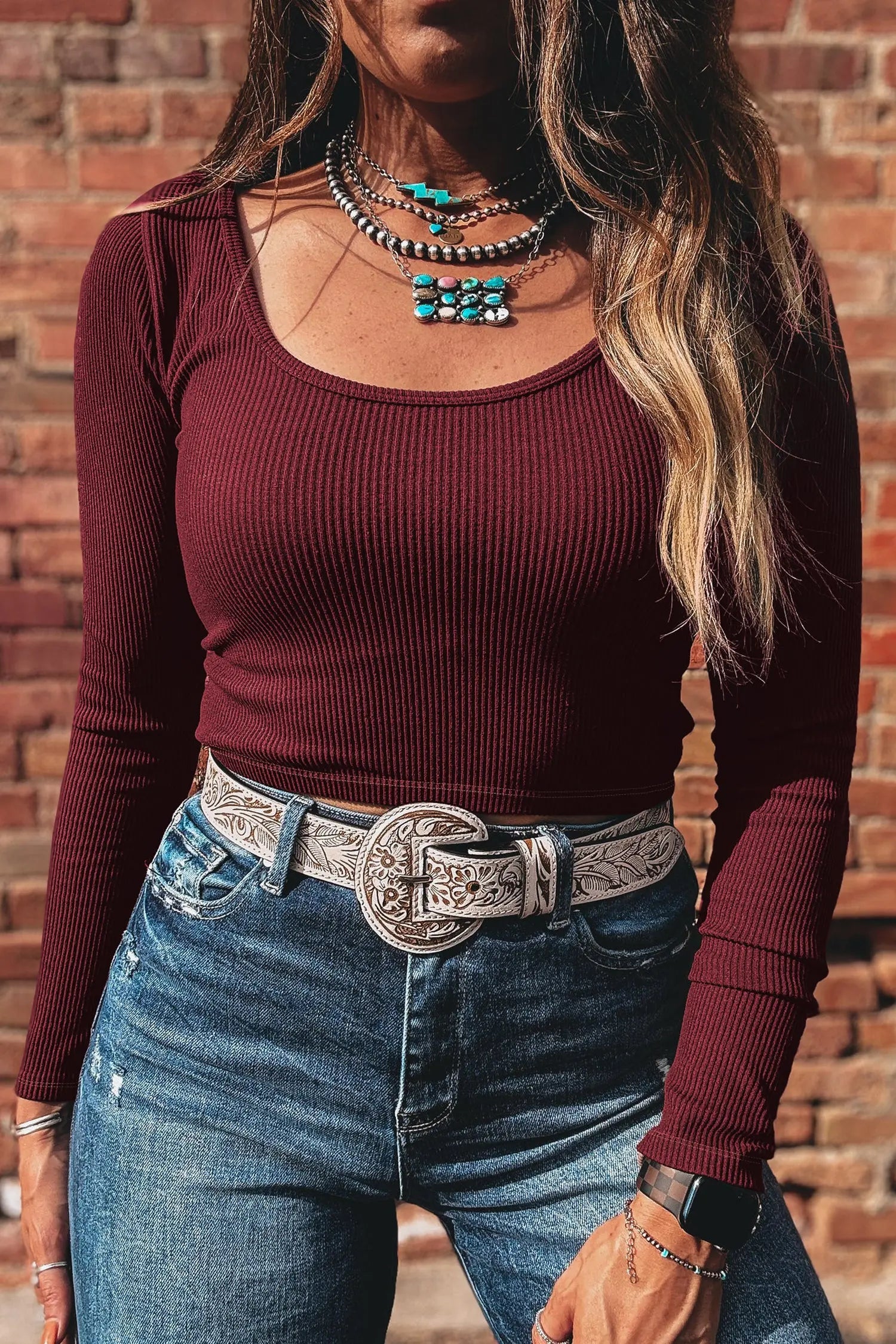Coffee Ribbed Solid Color U Neck Cropped Long Sleeve Top For Women Dear-Lover Dropshipping