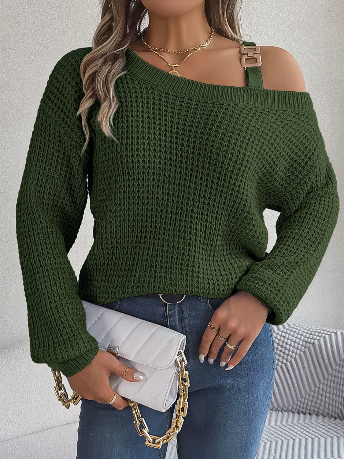 Asymmetrical Neck Long Sleeve Sweater.