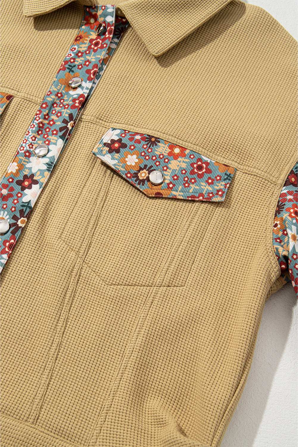 Khaki floral patchwork button-up jacket in cozy waffle knit