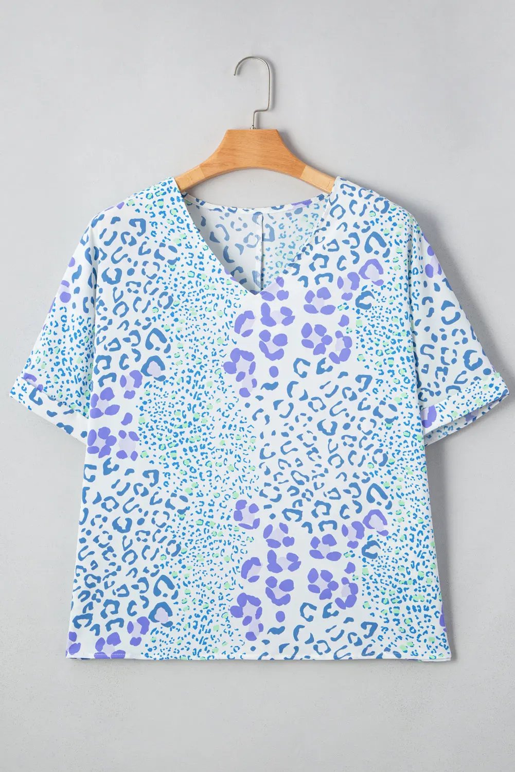 Sky Blue Leopard Print Short Sleeve V Neck Plus Size Top Dear-Lover Dropshipping