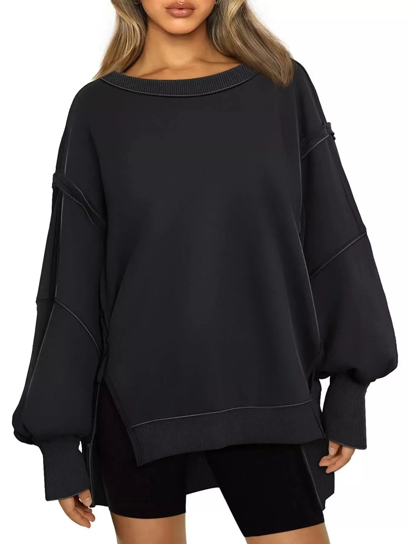 Side Slit Long Sleeve Oversized Sweatshirt Simply Love