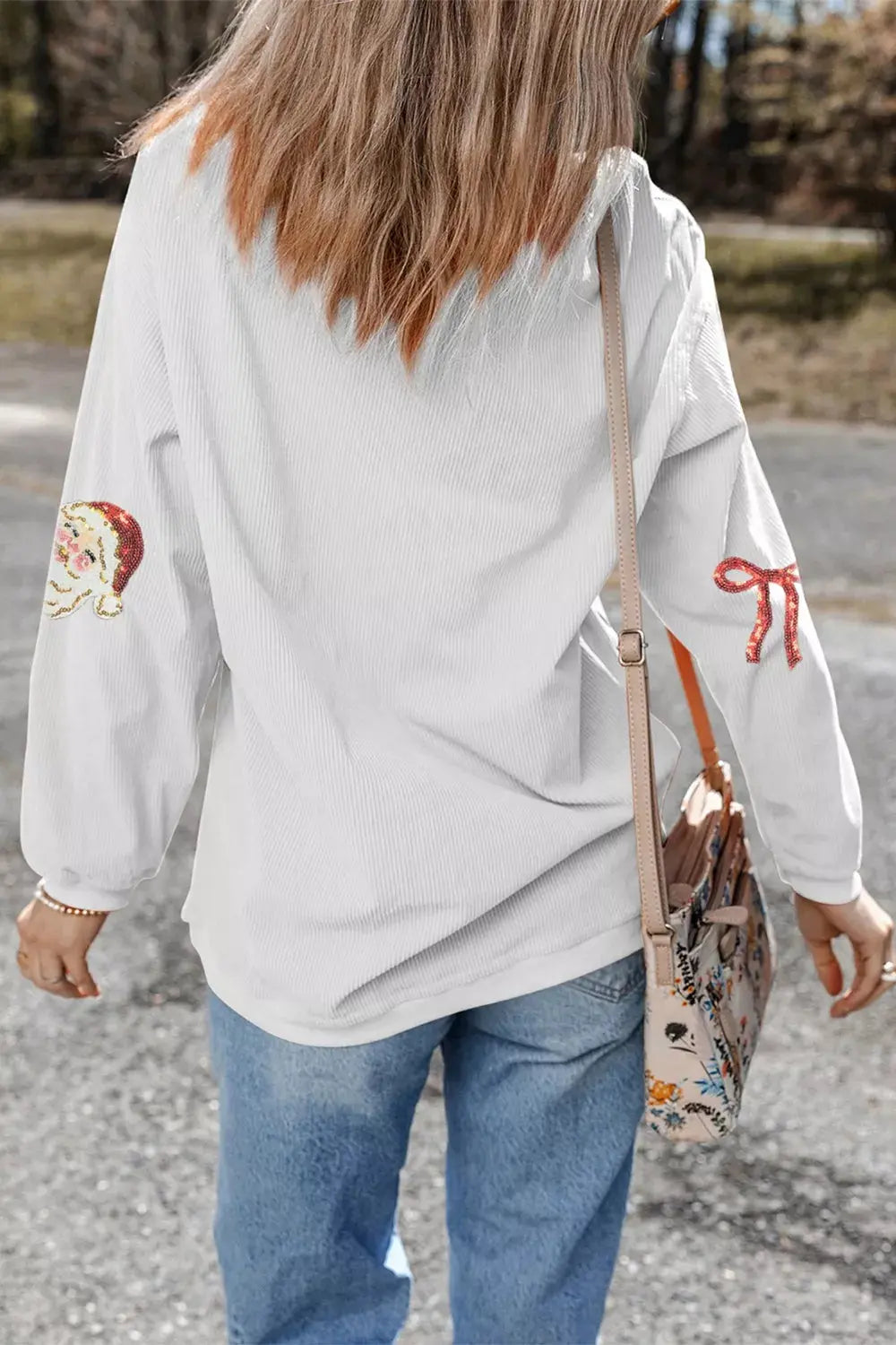 Full Size Corded Rib Sequin Santa Bow Patched Drop Shoulder Sweatshirt Plus Size Simply Love