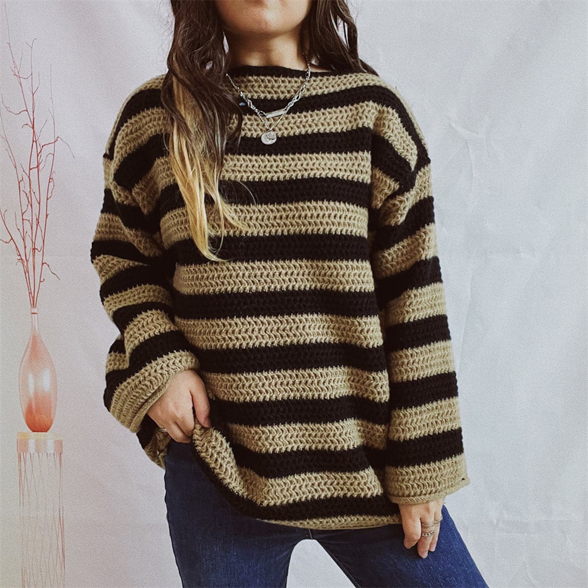 Striped Round Neck Long Sleeve Sweater.