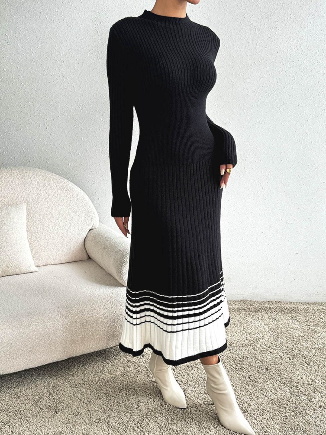 Chic Contrast Mock Neck Long Sleeve Sweater Dress