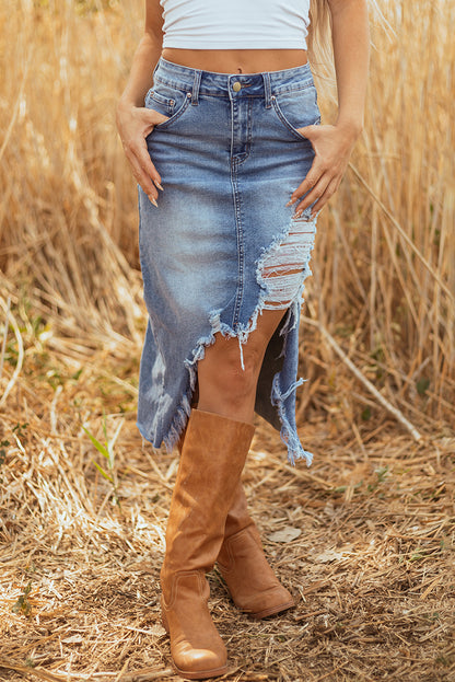 Myosotis Irregular Distressed Bottom Denim Midi Skirt