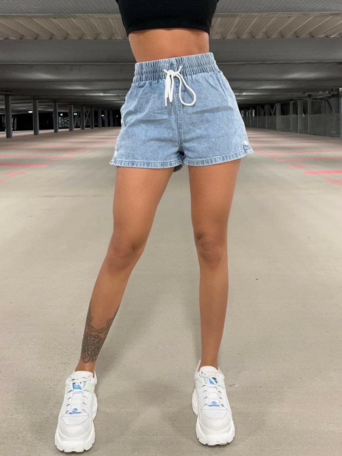 Drawstring High Waist Denim Shorts.