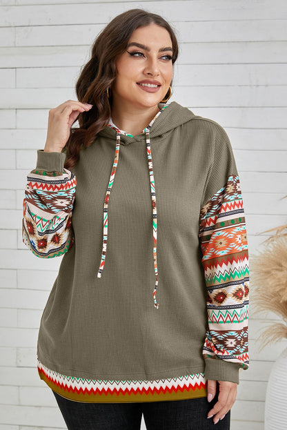 Jungle Green Aztec patchwork sleeve hoodie with drawstring and waffle texture for plus sizes