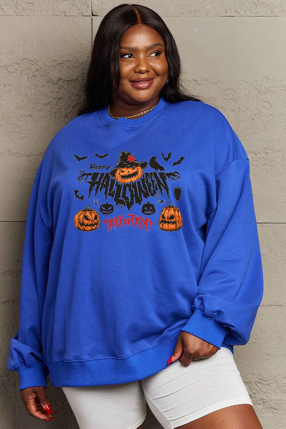 Simply Love Full Size HAPPY HALLOWEEN TRICK OR TREAT Graphic Sweatshirt.