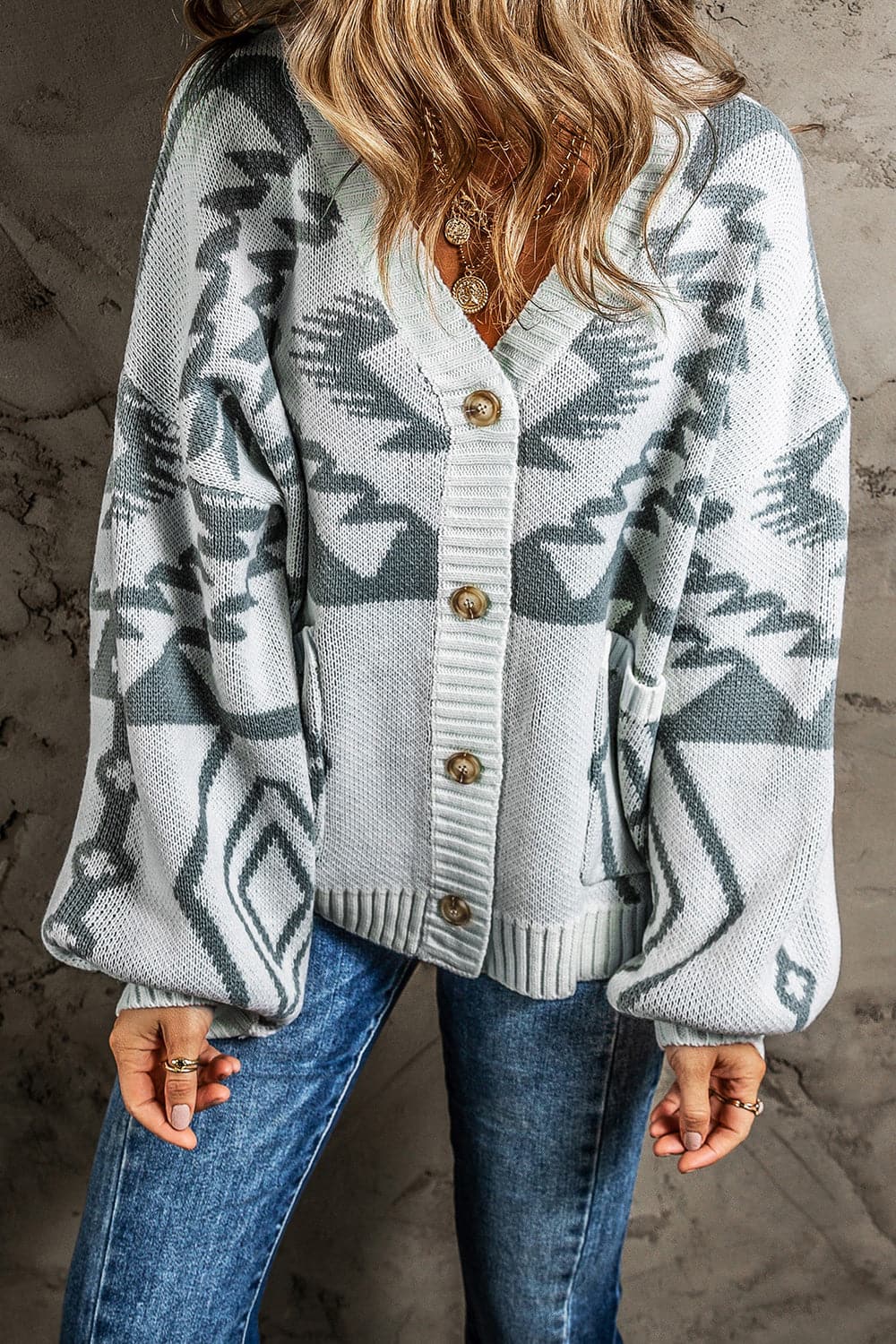 Printed Button Up V-Neck Long Sleeve Cardigan.