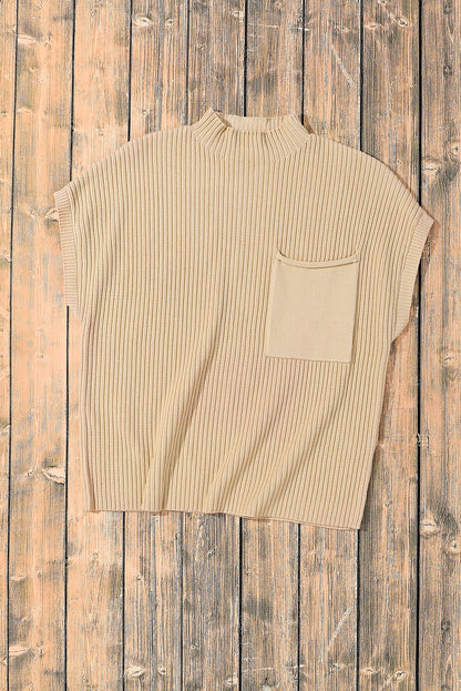 Chic oatmeal ribbed knit sweater with patch pocket