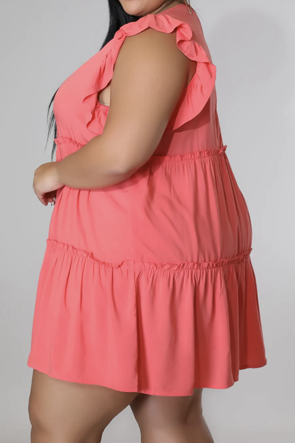 Plus Size V-Neck Frill Trim Mini Dress.