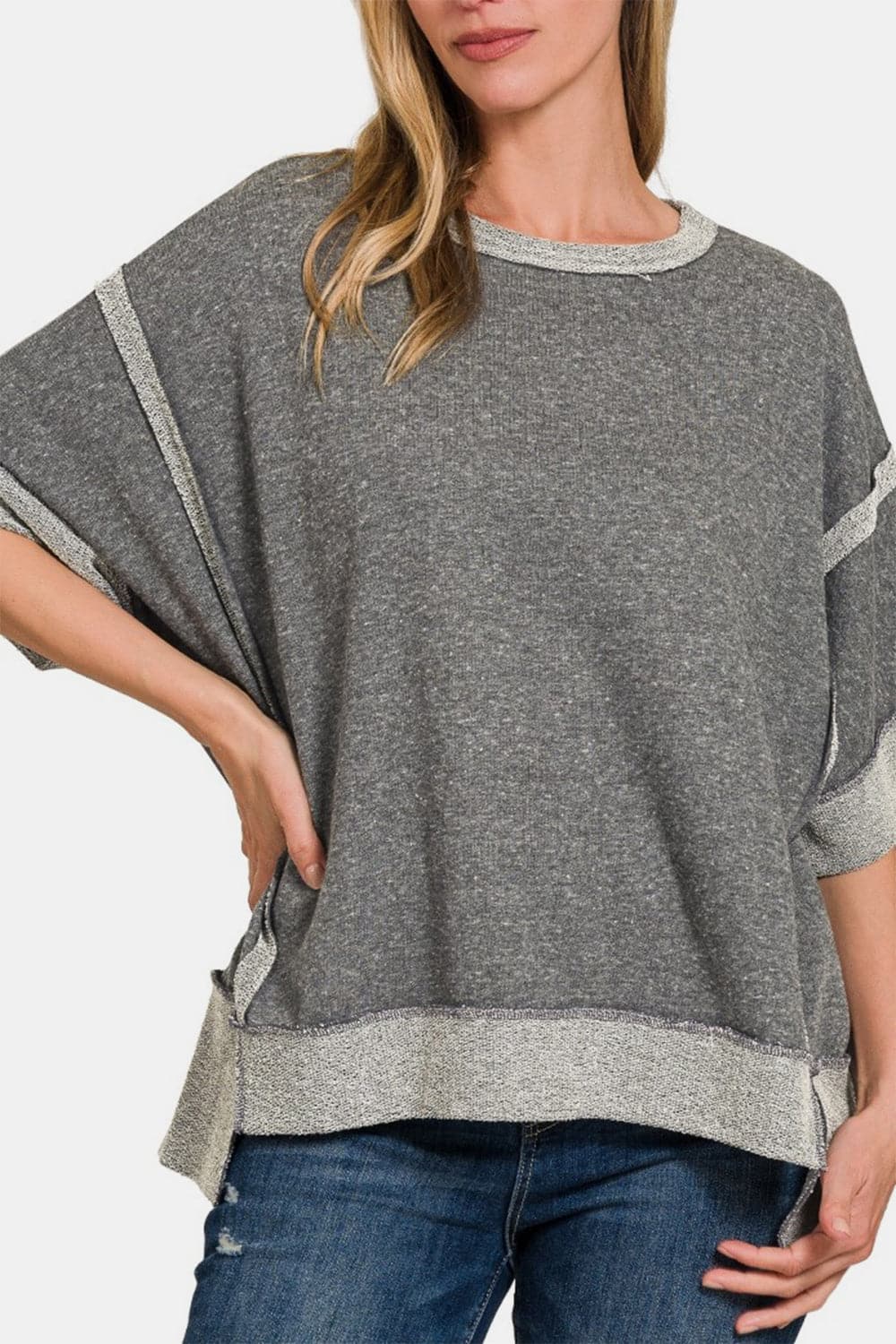 Zenana Contrast Trim Drop Shoulder T-Shirt.