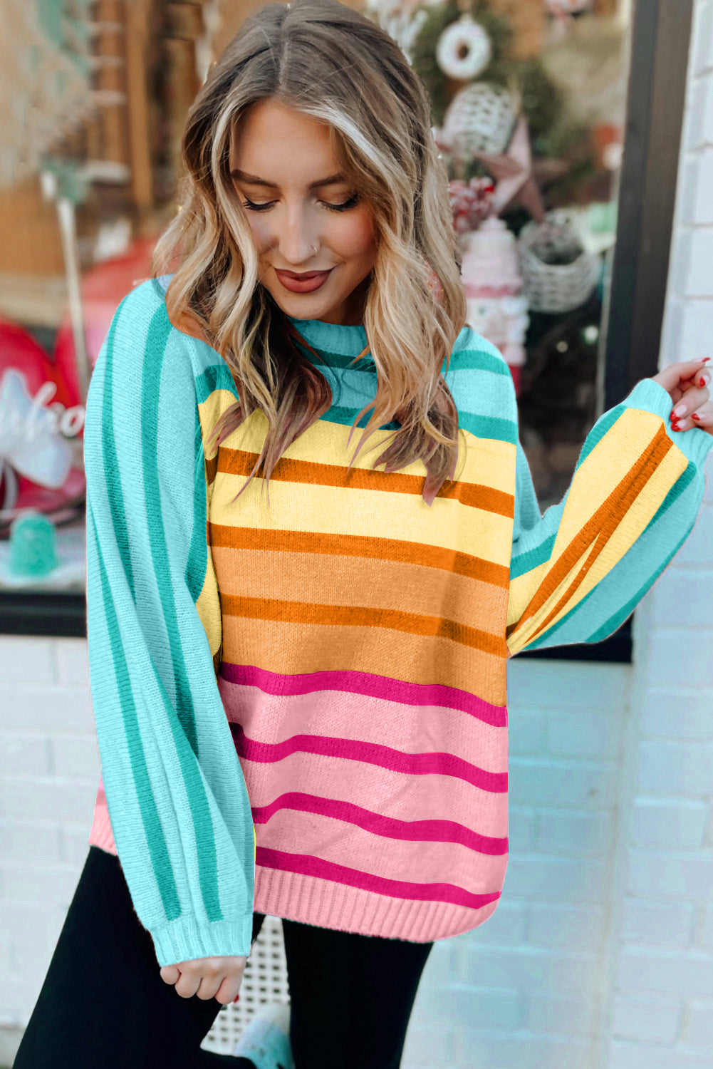 Gradient yellow stripe loose-fit sweater with ribbed edges