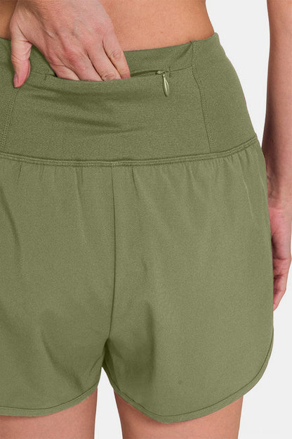 Zenana High-Waisted Zippered Back Pocket Active Shorts.