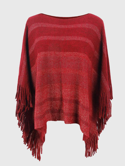 Striped Boat Neck Poncho with Fringes.