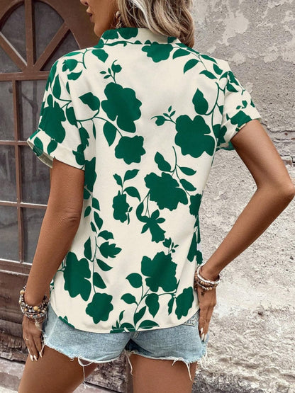 Flower Notched Short Sleeve Blouse.