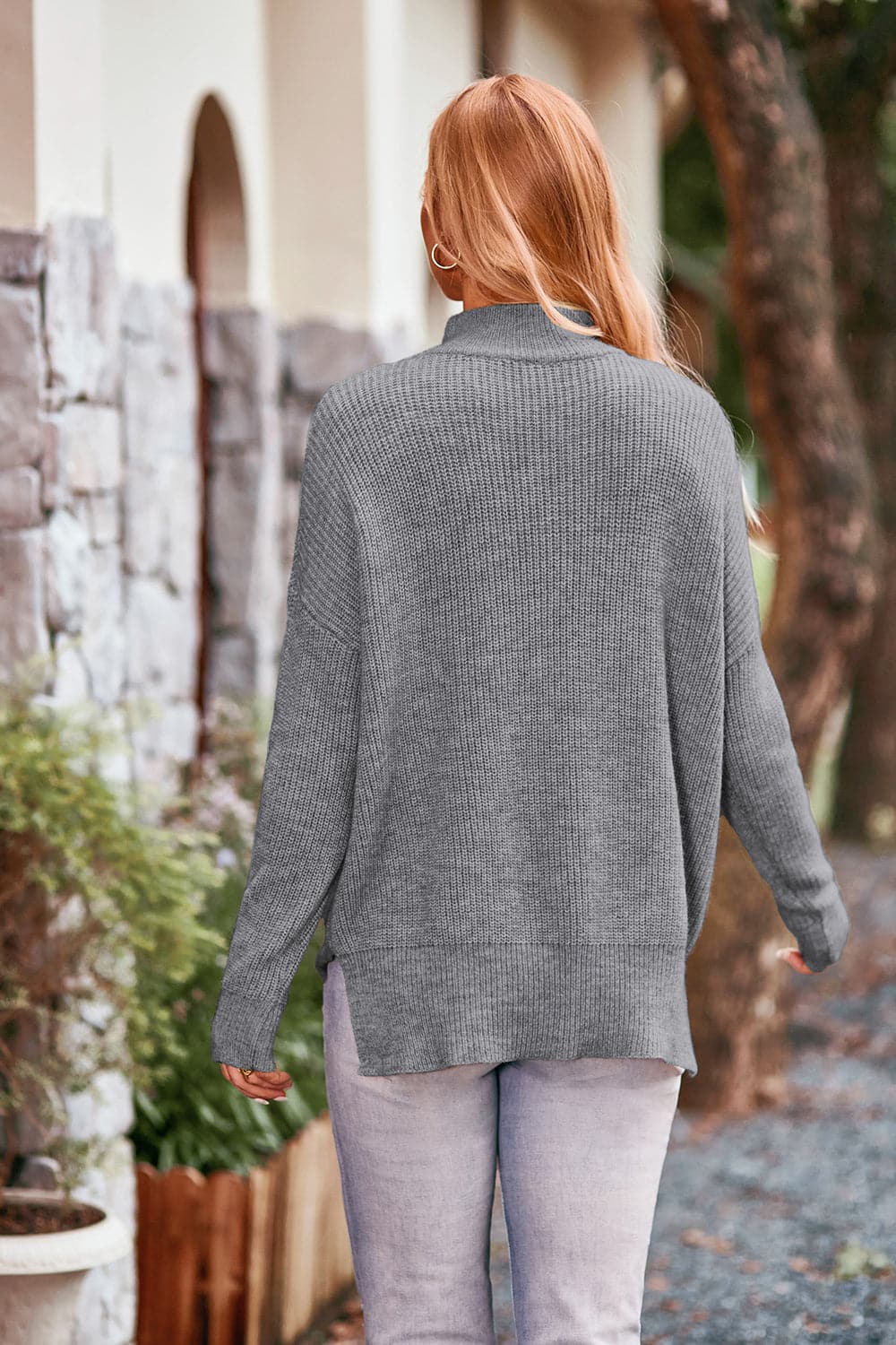 Mock Neck Rib-Knit Sweater.