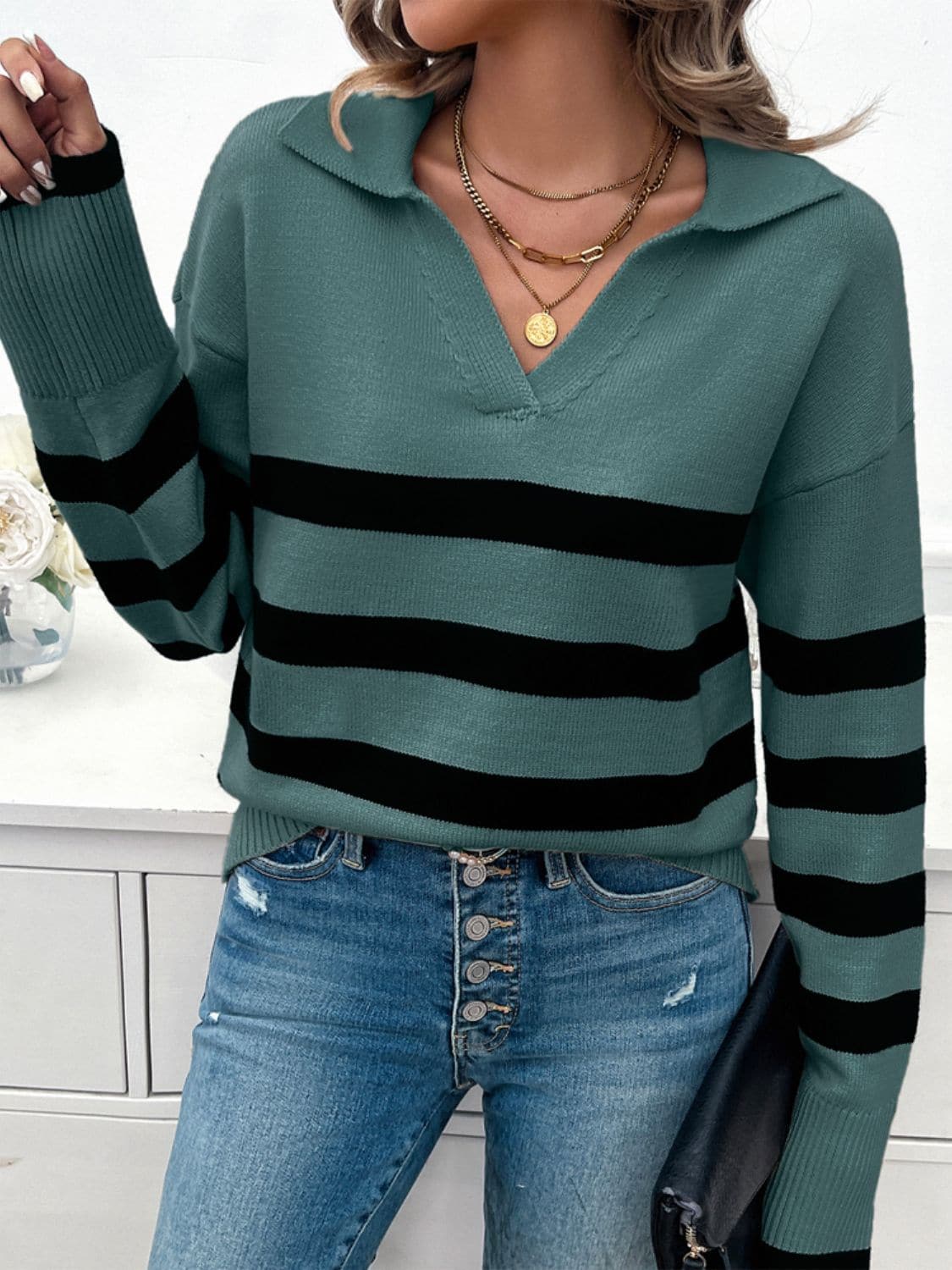 Striped Collared Neck Long Sleeve Sweater.