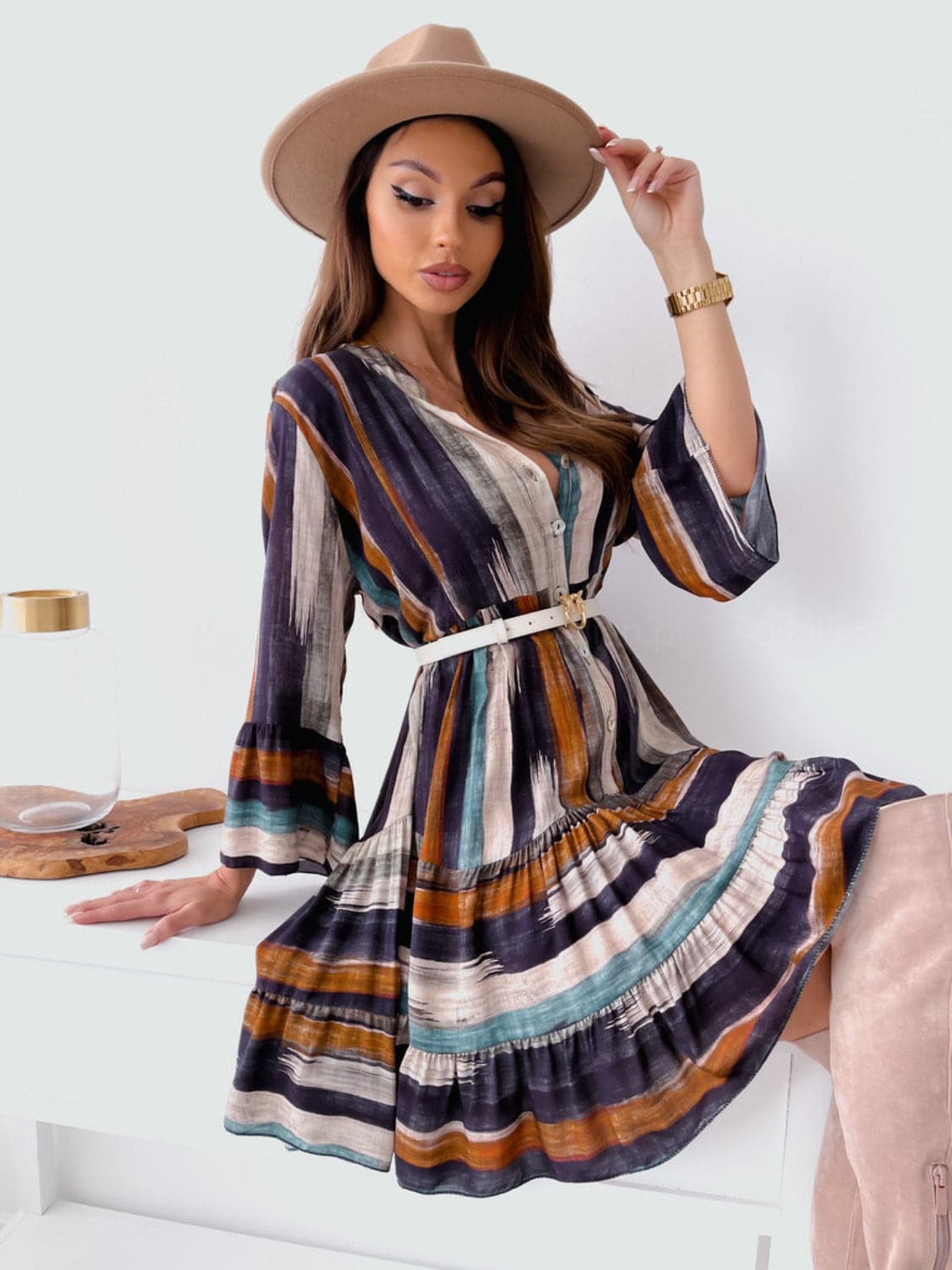 Chic button-up striped mini dress with long sleeves