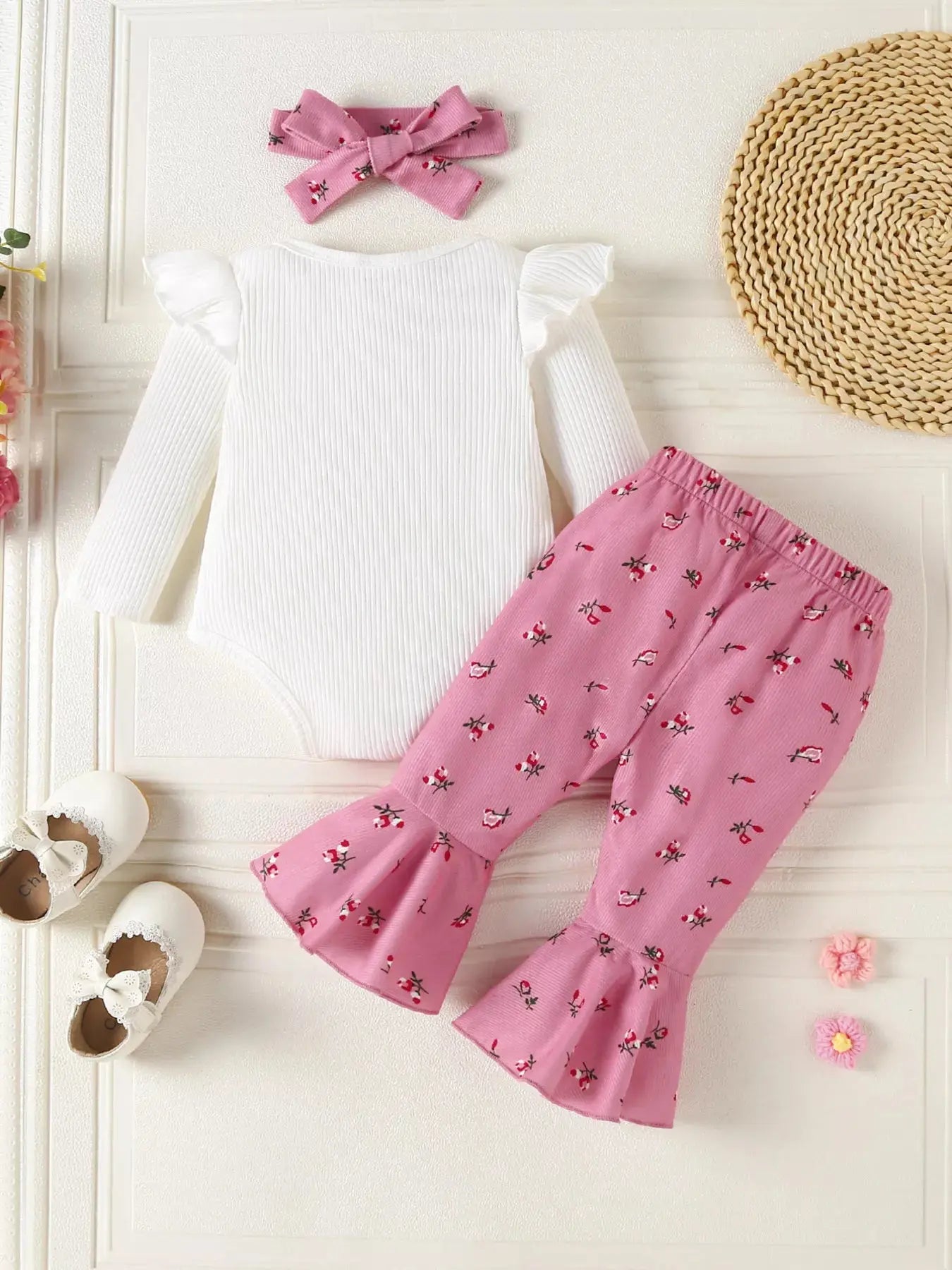 Children's Ruffled Bodysuit and Floral Pants Outfit Set with Headband Simply Love