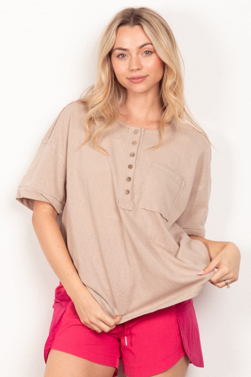 VERY J Twisted Sleeve Band Half Button Top.