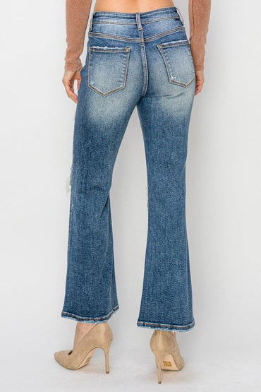 Risen Full Size High Rise Distressed Ankle Flare Jeans.