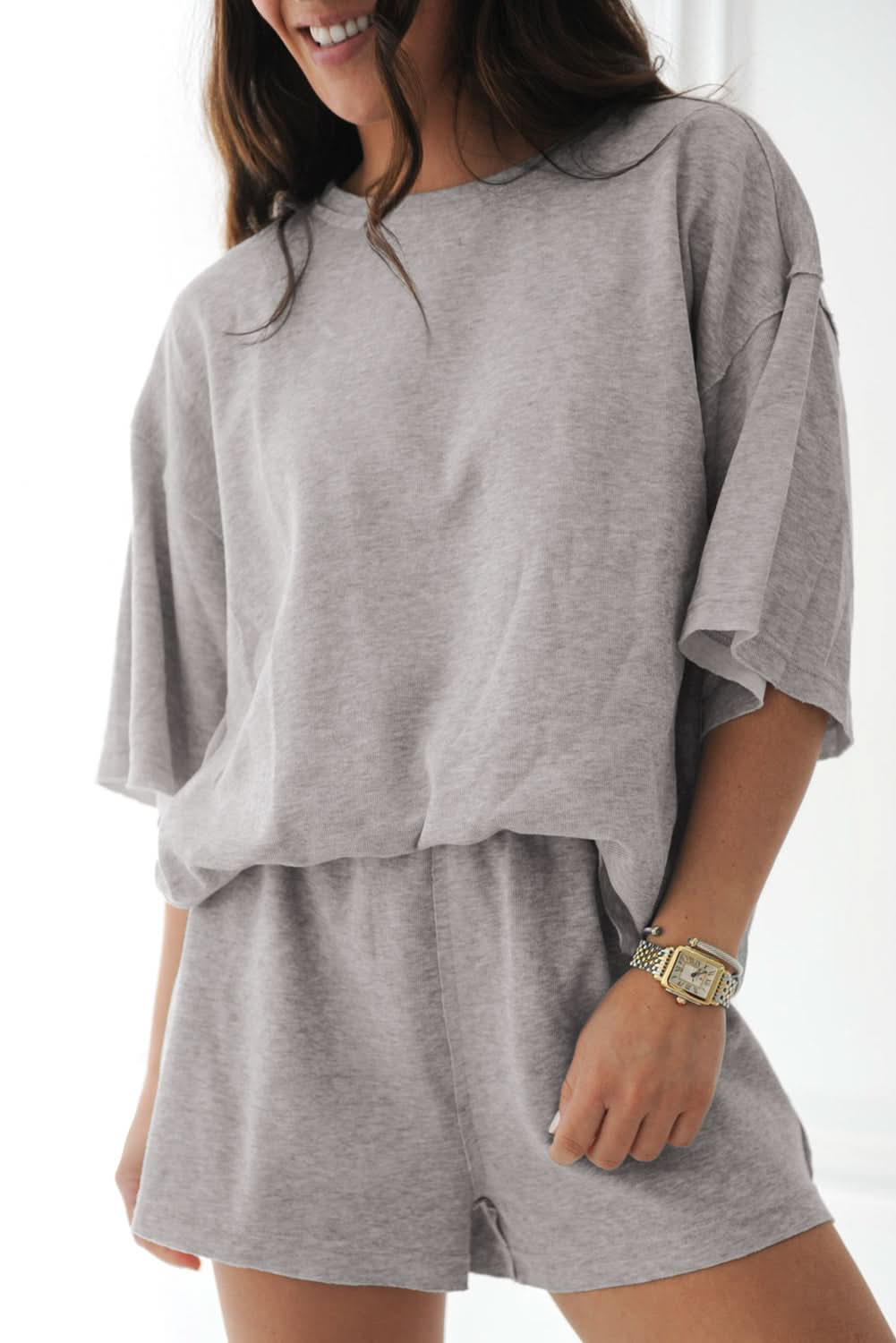 Gray Loose-Fit Two-Piece Tee and Shorts Set