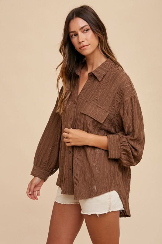 Openwork Drop Shoulder Button-Up Shirt by Annie Wear