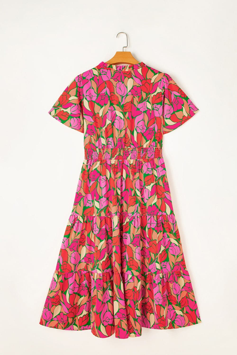 Frill Printed Notched Short Sleeve Midi Dress.