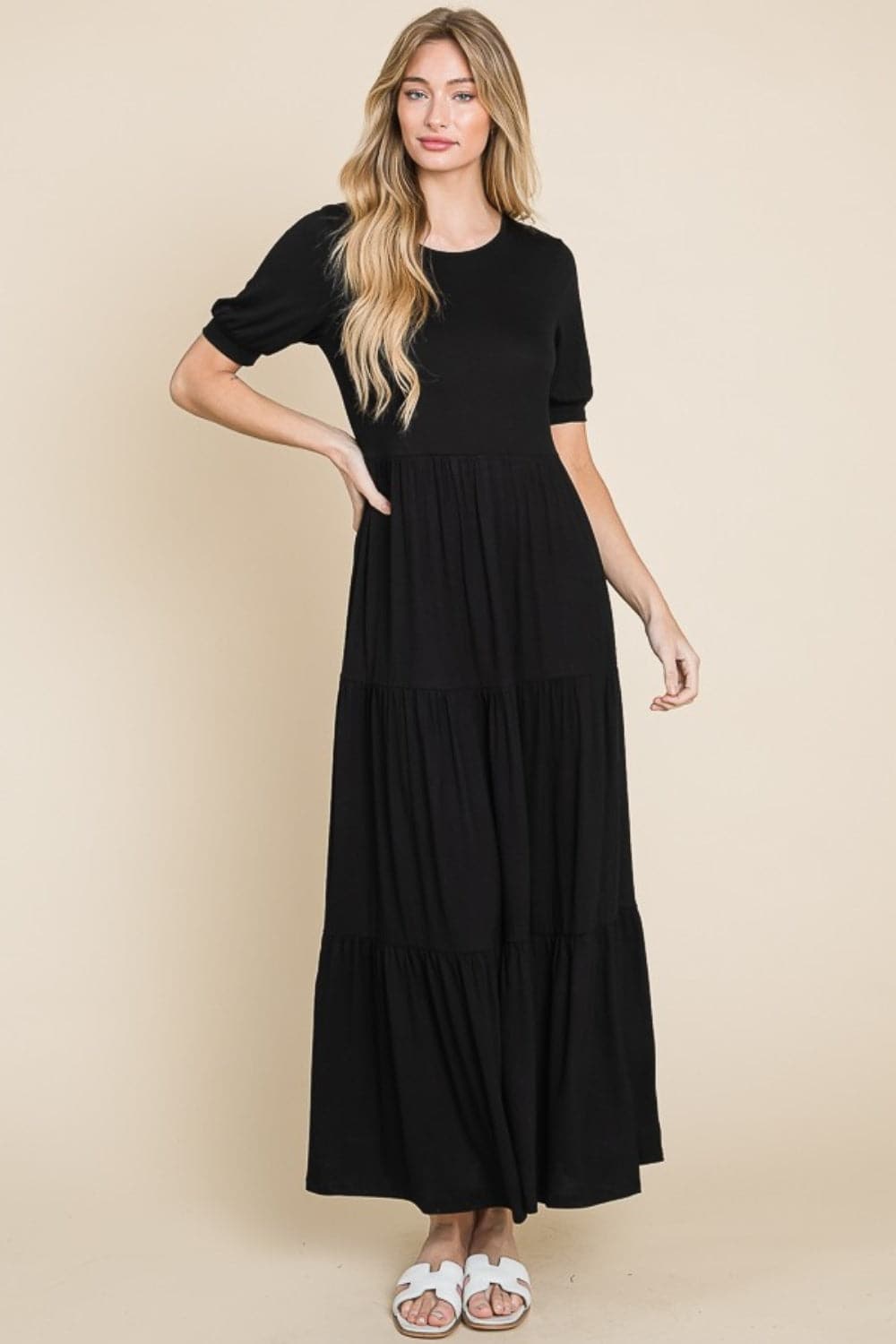 BOMBOM Short Sleeve Tiered Maxi Dress.