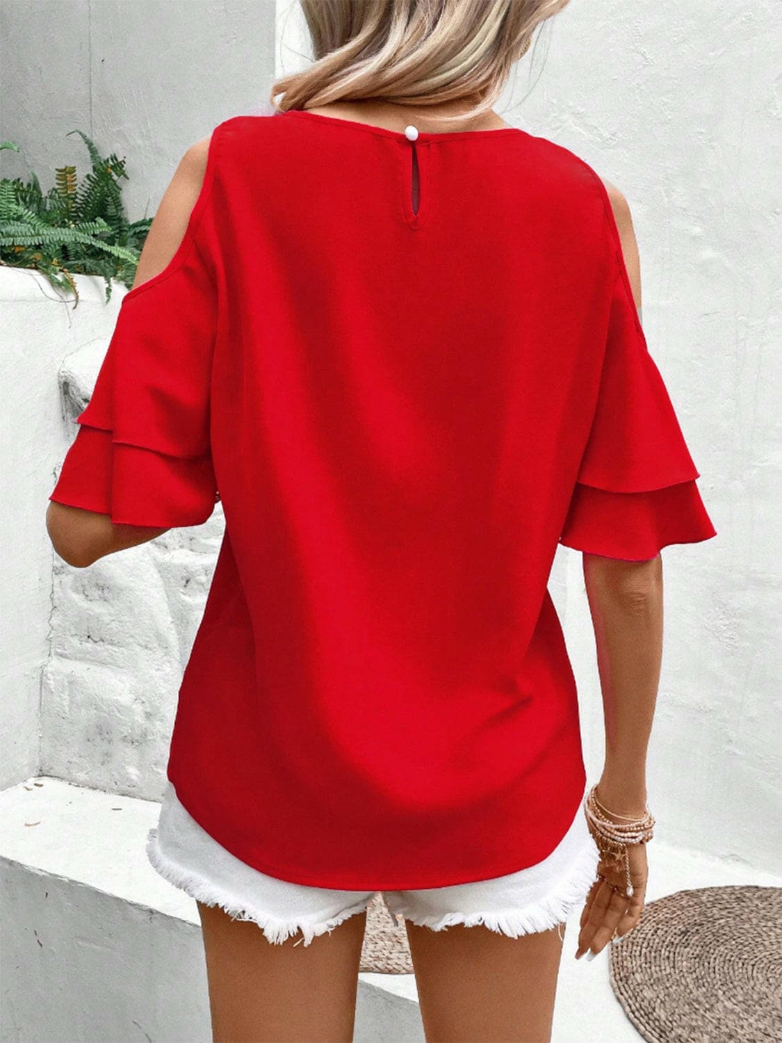 Cold Shoulder Flounce Sleeve Blouse.