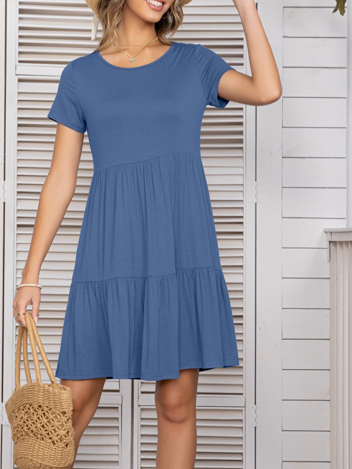 Round Neck Short Sleeve Mini Tee Dress.