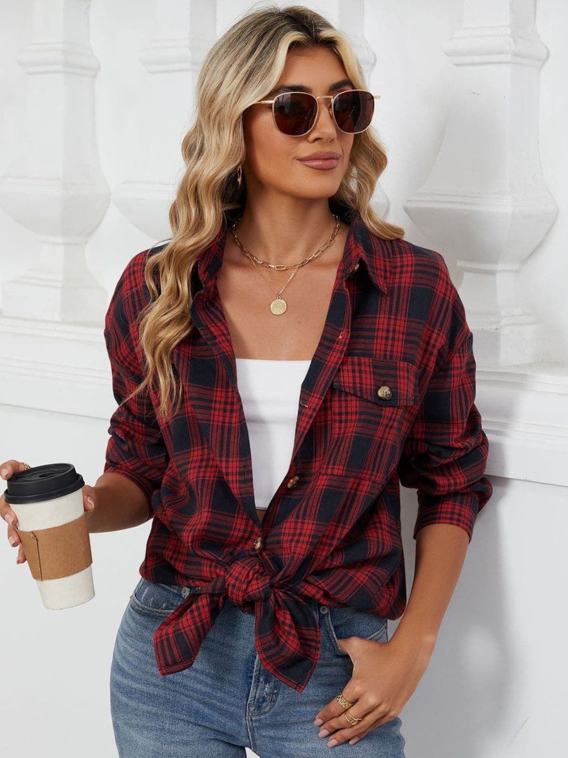 Plaid Collared Neck Long Sleeve Shirt.