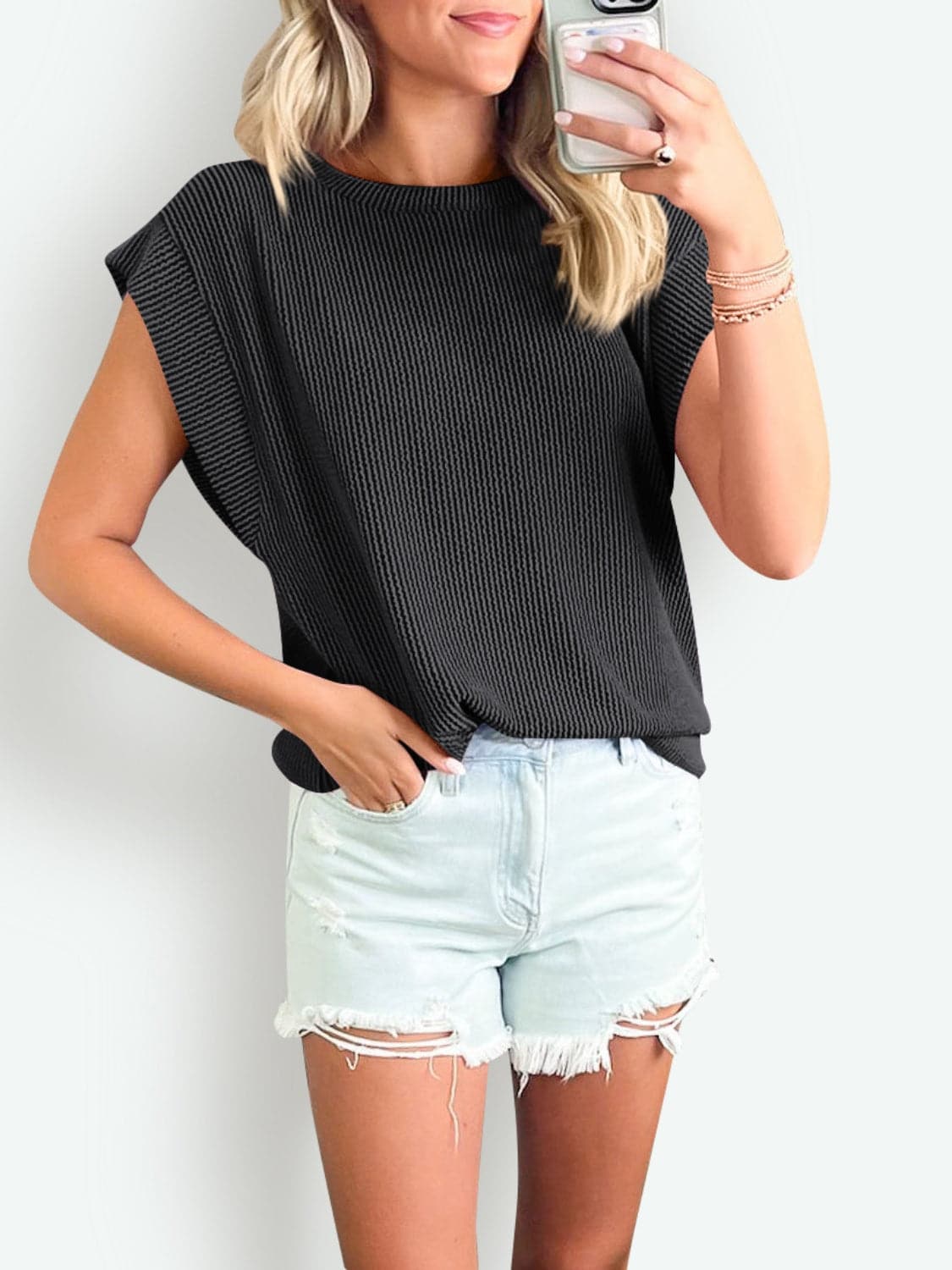 Textured Round Neck Cap Sleeve Blouse.