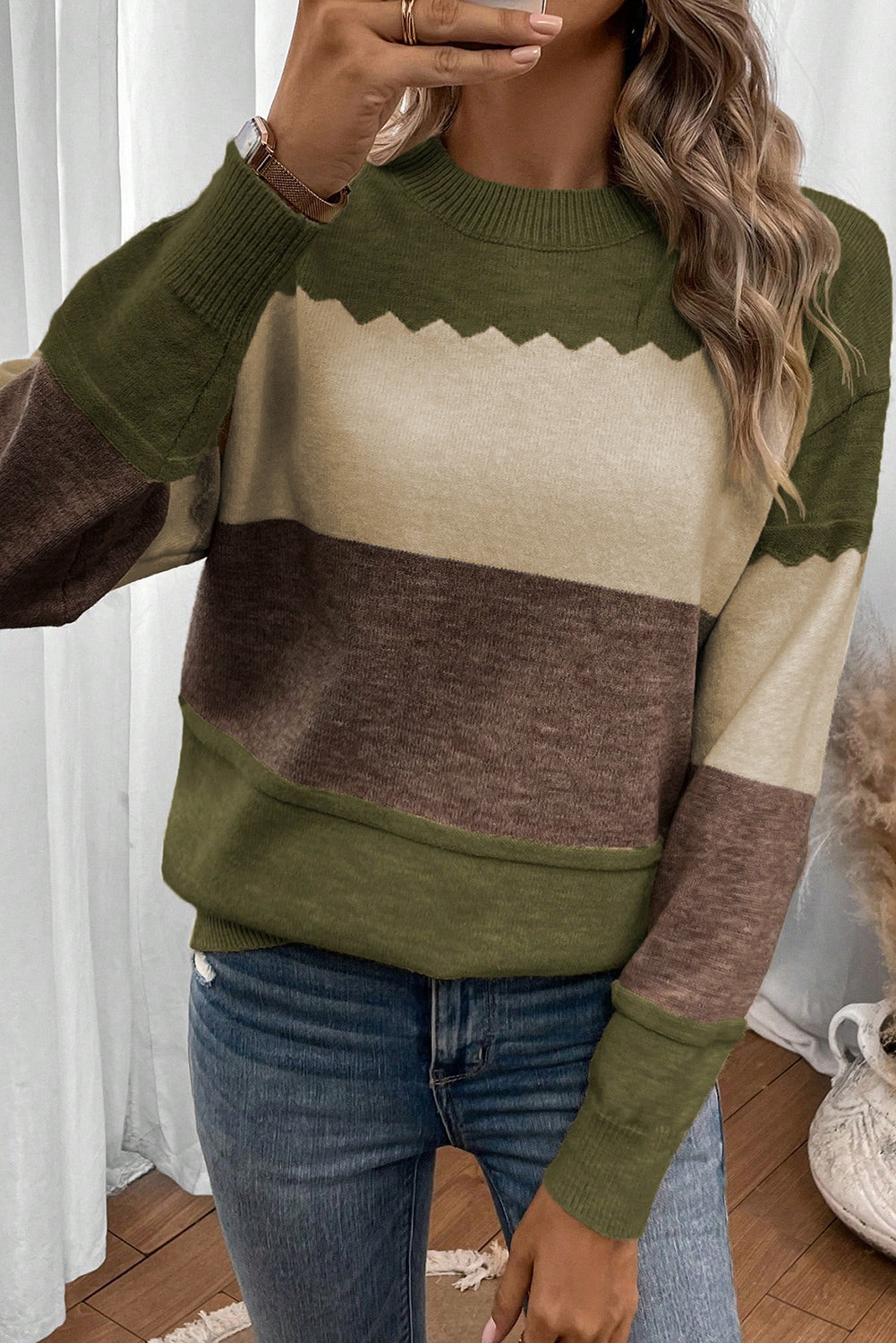 Brown Colorblock Crew Neck Drop Shoulder Knit Sweater Dear-Lover Dropshipping