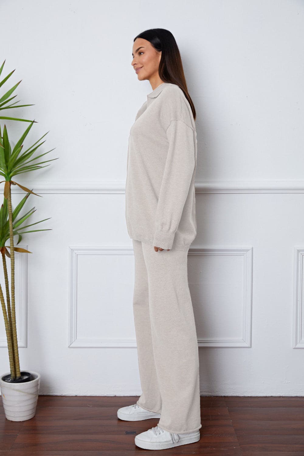 Dropped Shoulder Sweater and Long Pants Set.