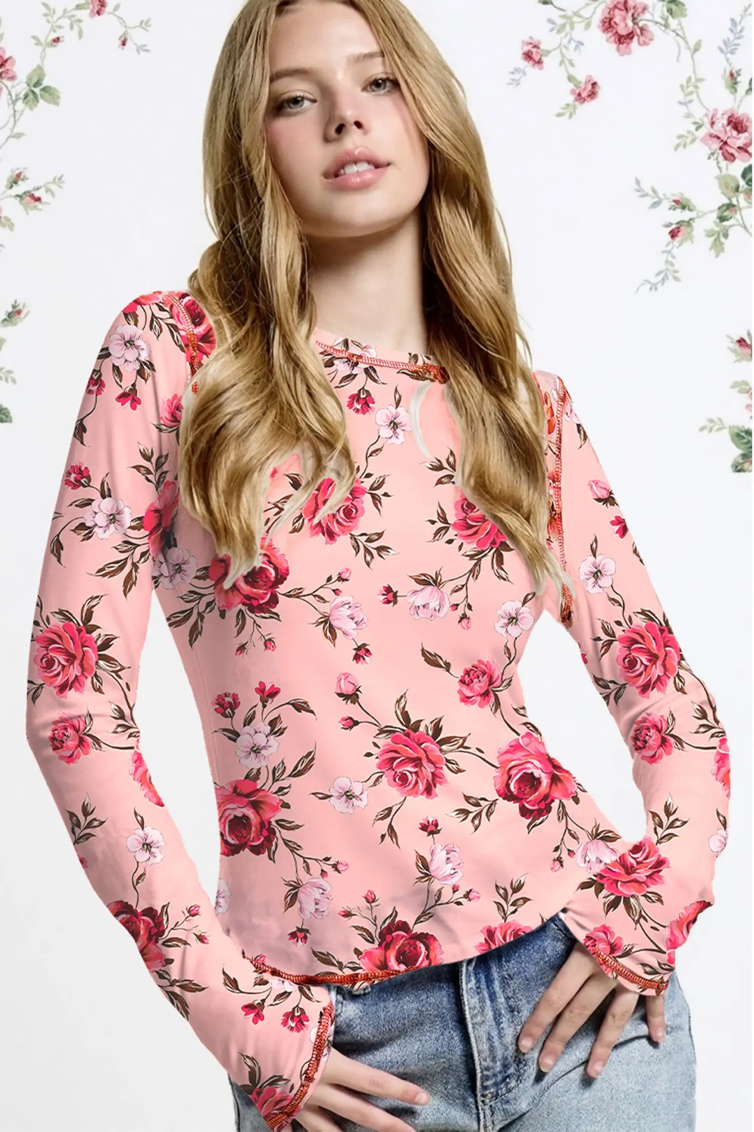 Pink Floral Print Mesh Long Sleeve Top With Exposed Seam Detail Dear-Lover Dropshipping