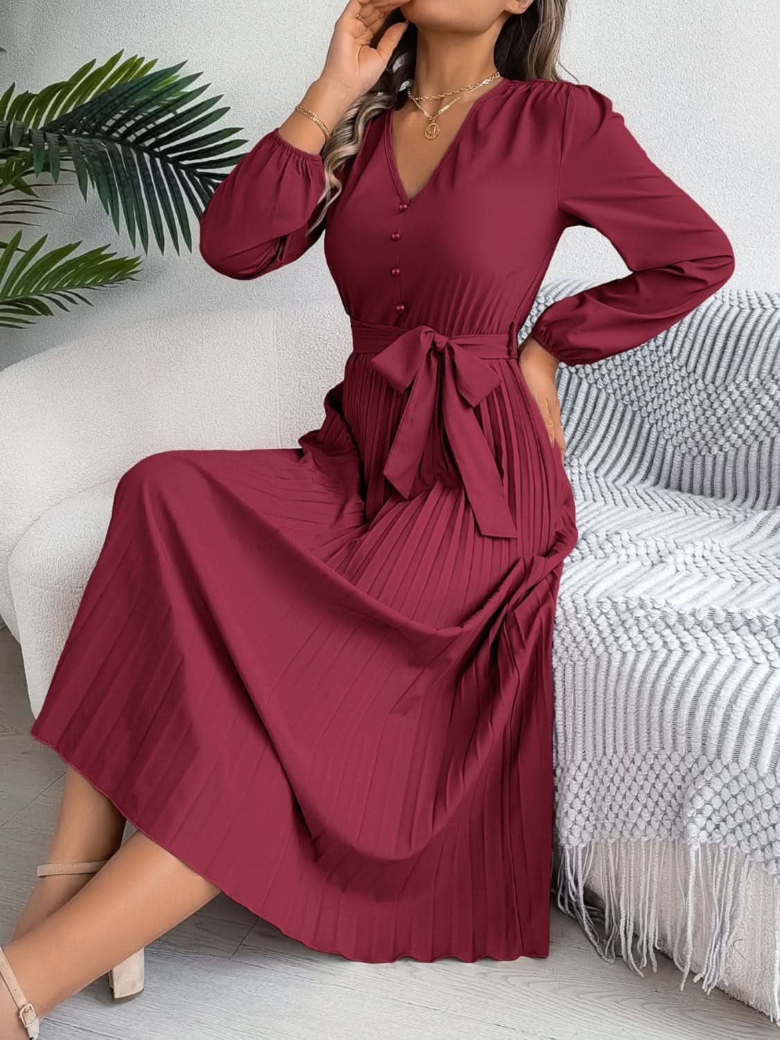 Elegant V-Neck Long Sleeve Dress with Sheer Tied Design - Love Salve 