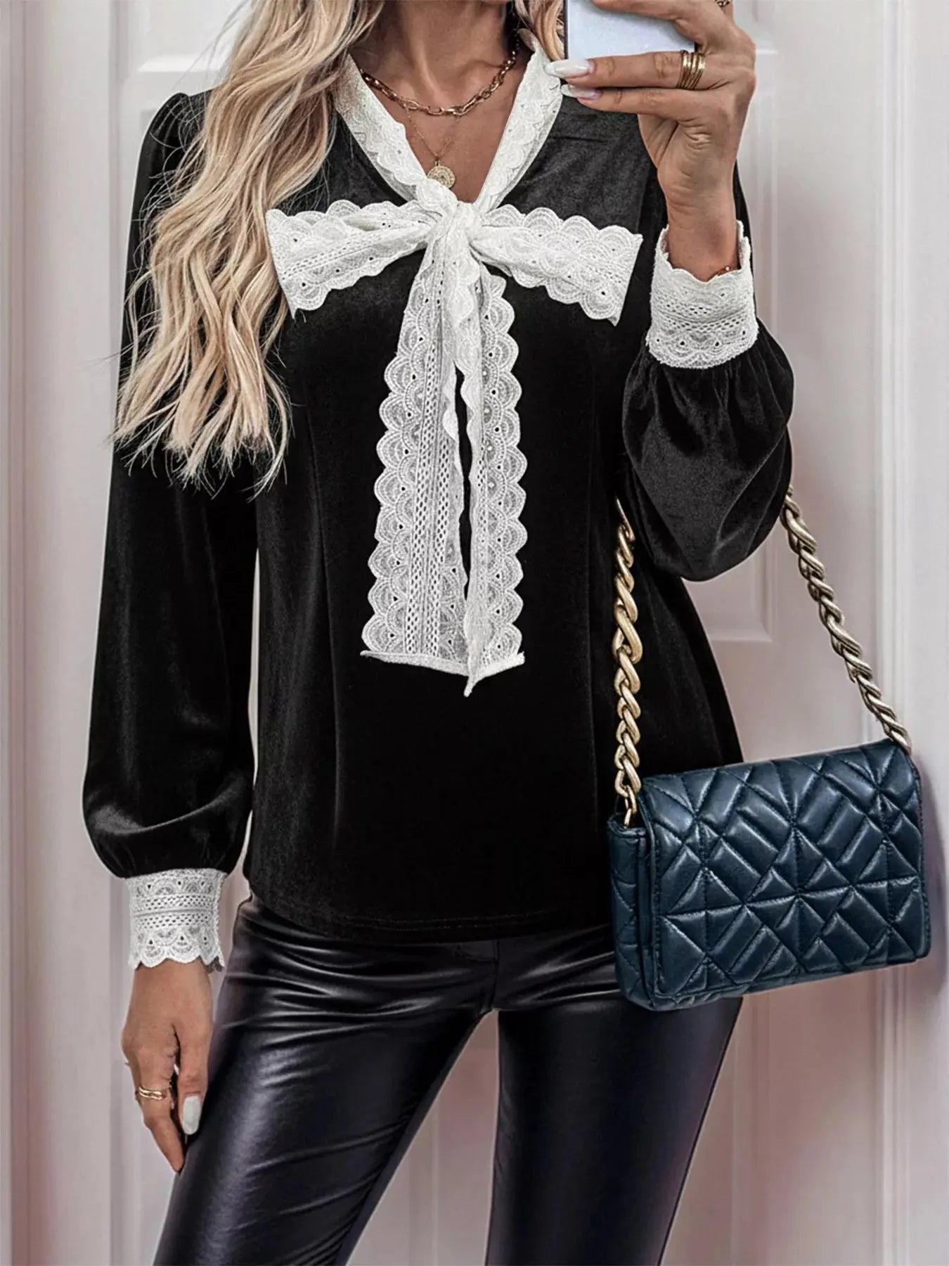 Lace Bow Tie Velvet Blouse Simply Love